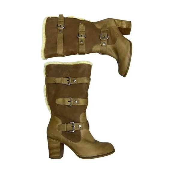 Giani Bini Knee Length Riding Boots 11M Tan Faux Fur Lining Buckle Heel Pull On - Picture 3 of 11